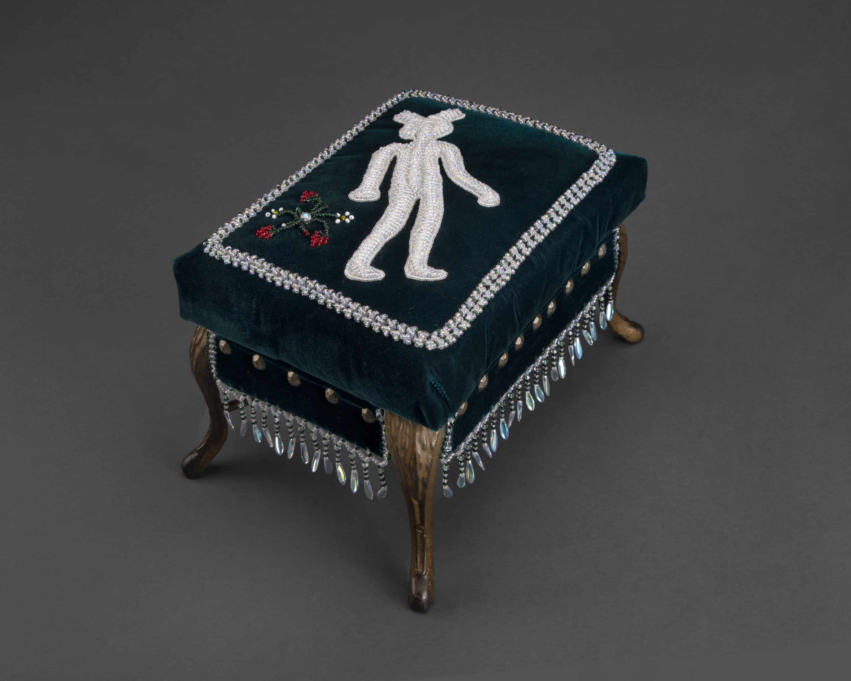 Karen Ann Hoffman (Oneida Nation of Wisconsin, born 1957)</p>
<p>Man Mound Footstool, 2017</p>
<p>raised beadwork, glass beads, velvet, 1920s cast iron footstool, brass tacks</p>
<p>Museum purchase</p>
<p>2021.1.1